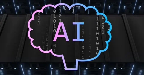 Animation of ai text and binary coding data processing over computer servers Stock Footage 253415751