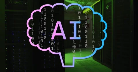 Animation of ai text and brain icon over binary data processing and server room Stock Footage 265635094
