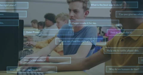 Animation of ai text and data over diverse students using computers Stock Footage 328583038