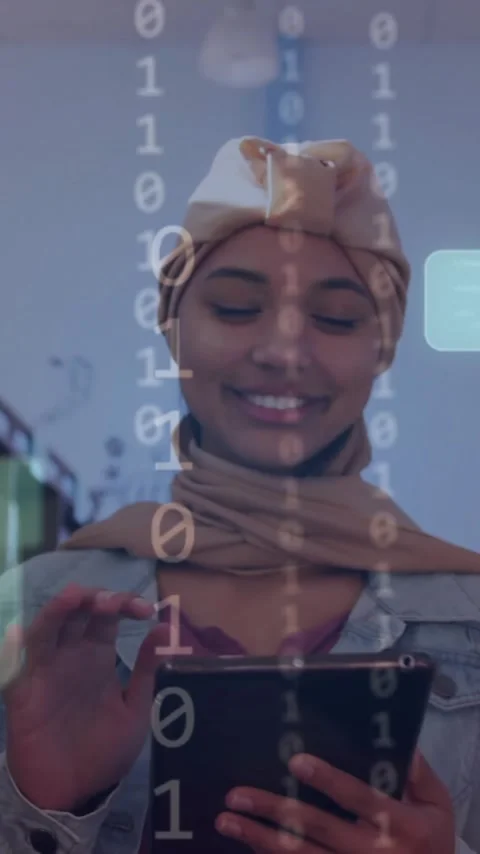 Animation of ai text and data over female student in hijab with tablet Stock Footage 342595331