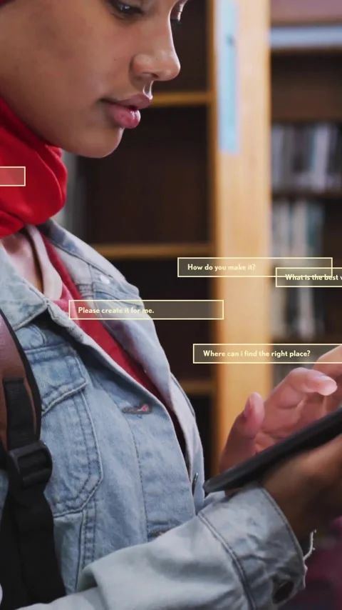 Animation of ai text and data over female student in hijab with tablet Stock Footage 342677387