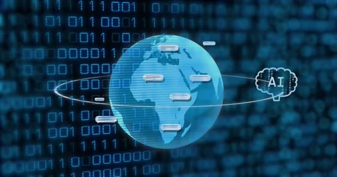 Animation of ai text and icon, data processing over binary coding Stock Footage 241404599