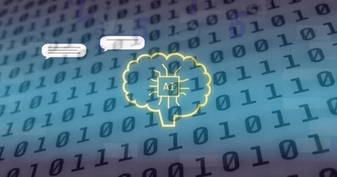 Animation of ai text and icon, data processing over binary coding Stock Footage 241406010