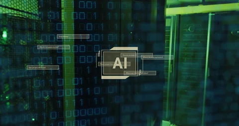 Animation of ai text, binary coding data processing over computer servers Stock Footage 265635272
