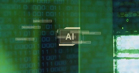 Animation of ai text, binary coding data processing over computer servers Stock Footage 315647580
