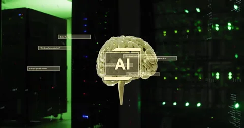 Animation of ai text, brain and data processing over computer servers Stock Footage 265635180