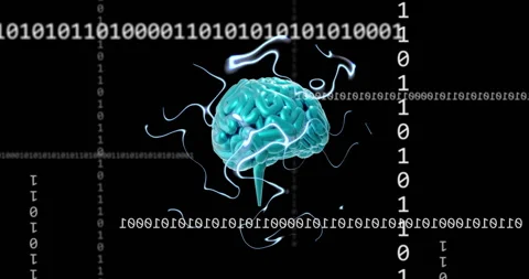 Animation of ai text, brain and binary coding data processing over dark Stock Footage 265953175