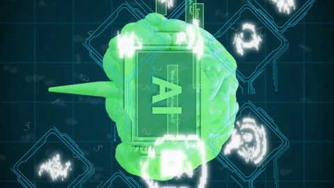 Animation of ai text, brain and digital data processing over black background Stock Footage 312438068