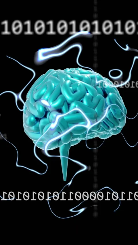 Animation of ai text, brain and binary coding data processing over dark Stock Footage 323781680