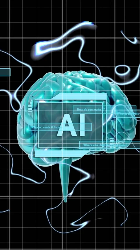 Animation of ai text, brain and digital data processing over black background Stock Footage 323781961
