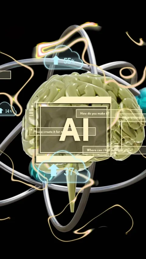 Animation of ai text, brain and digital data processing over black background Stock Footage 323781970