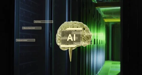 Animation of ai text, brain and data processing over computer servers Stock Footage 330664698