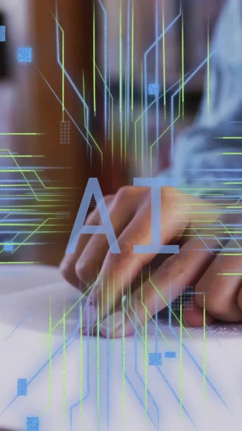 Animation of ai text, brain and data over female student with book Vidéo 342595209