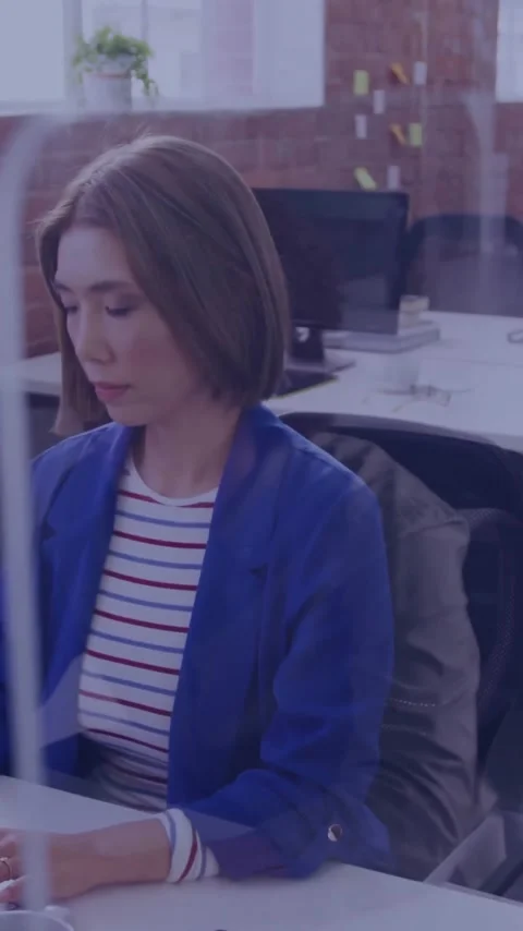 Animation of ai text, chat bot and data processing over asian woman using laptop Stock Footage 343714189