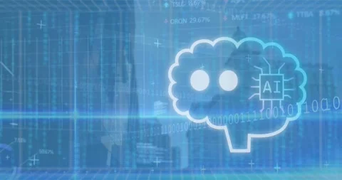 Animation of ai text in cloud over binary codes, computer language, map, trading Stock Footage 246588850
