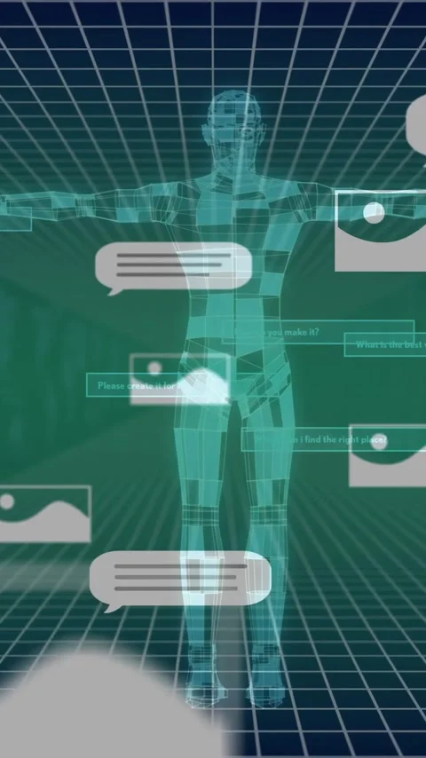 Animation of ai text, human body and digital data processing over dark Stock Footage 323781962
