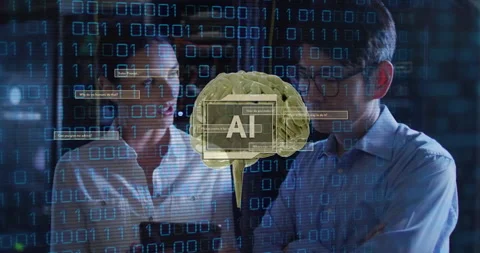 Animation of ai text, human brain, binary coding over it engineers by computer Stock Footage 265635284