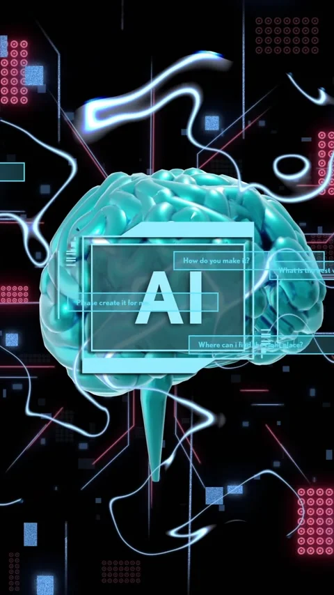Animation of ai text, human brain and digital data processing over black Stock Footage 343714144