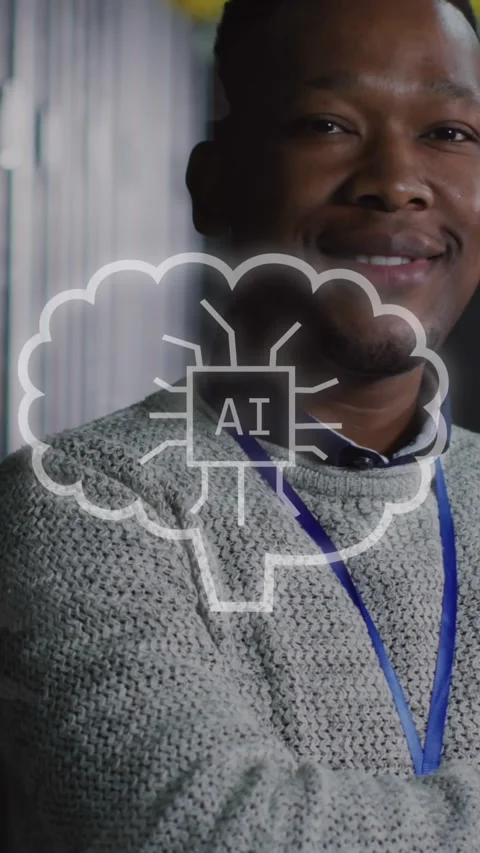 Animation of ai text, icons and male african american it engineer and computer Stock Footage 323897986