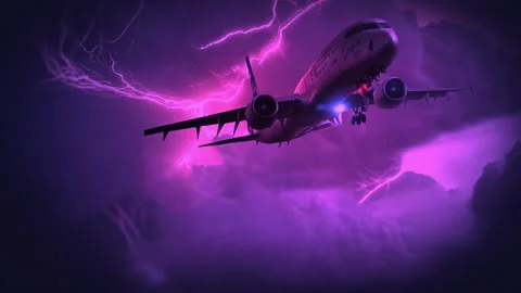 Animation - airplane flying during storm, lightning strikes to passenger plan Stock Footage 235723990