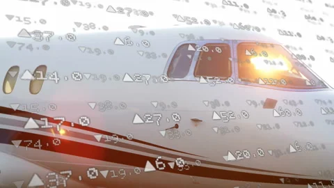 Animation of airplane flying with financial data and stock market symbols Video stock 304761269