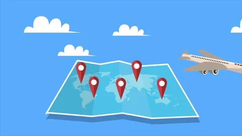 Animation of airplane flying over world map with location pin pointers and .. Stock Footage 334267946