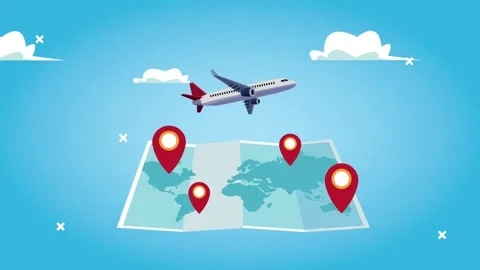 Animation of airplane flying over world map with navigation destination pin.. Stock Footage 338420339