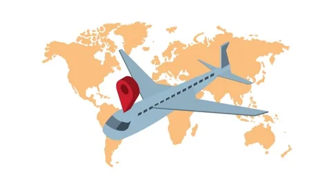 Animation of airplane flying over world map with red location pin marker. Stock Footage 339117451