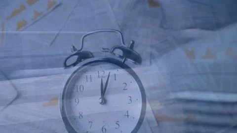 Animation of alarm clock, data processing over documents Stock Footage 330061431