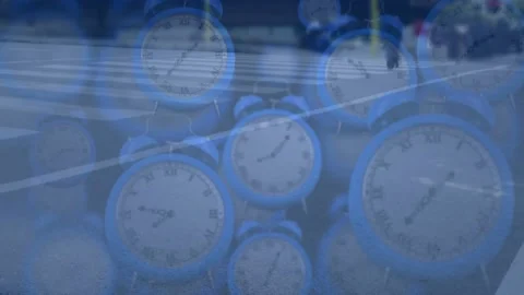 Animation of alarm clocks, data processing over people walking Stock Footage 229433395