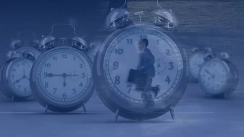 Animation of alarm clocks, data processing over businessman running Stock Footage 326751817