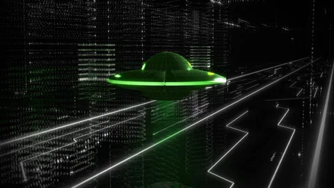 Animation of Alien UFO Flying above the white circuit board in Virtual Reality Stock Footage 277901180