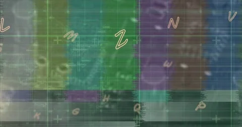 Animation of alphabets over test screen glitch against close up of a computer Stock Footage 330250915