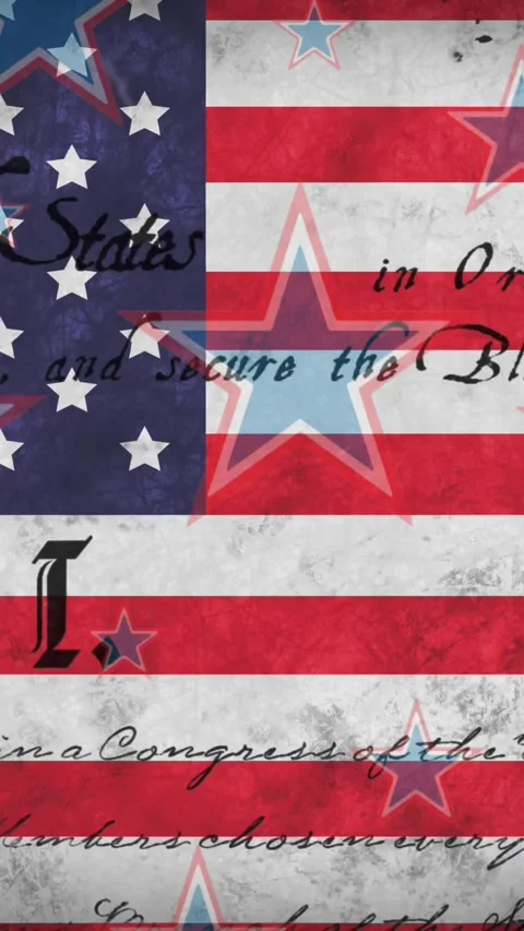 Animation of american constitution text, with red, white and blue stars over Vídeos de archivo 342098193