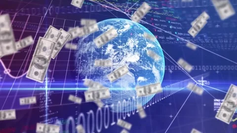 Animation of american dollar bills, binary coding, financial data processing Stock Footage 327361321