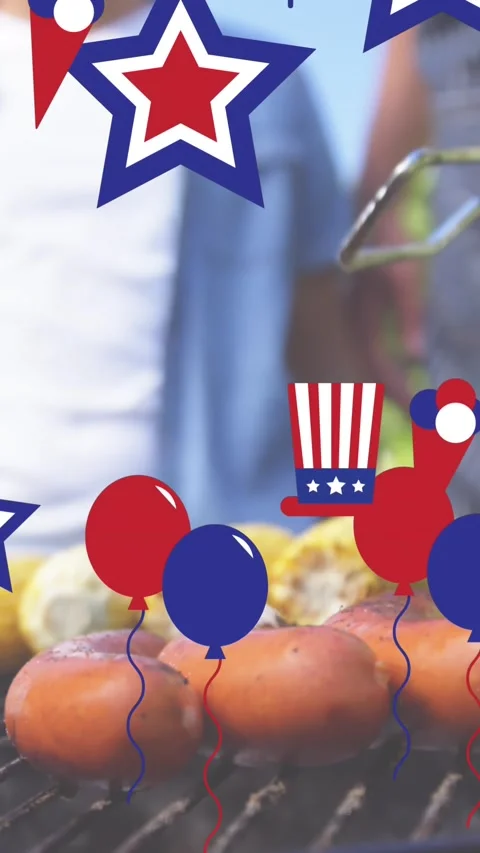 Animation of american flag coloured decorations, floating over family barbecue Stock Footage 320758958