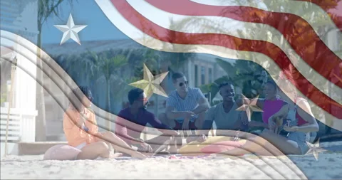 Animation of american flag elements over happy diverse friends hanging out on Stock Footage 310867371