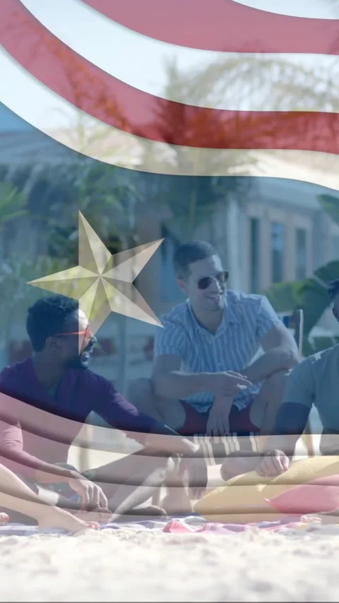 Animation of american flag elements over happy diverse friends hanging out on Stock Footage 323781603