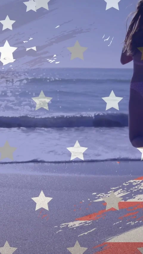 Animation of american flag elements over caucasian woman with surfboard running Stock Footage 323781972