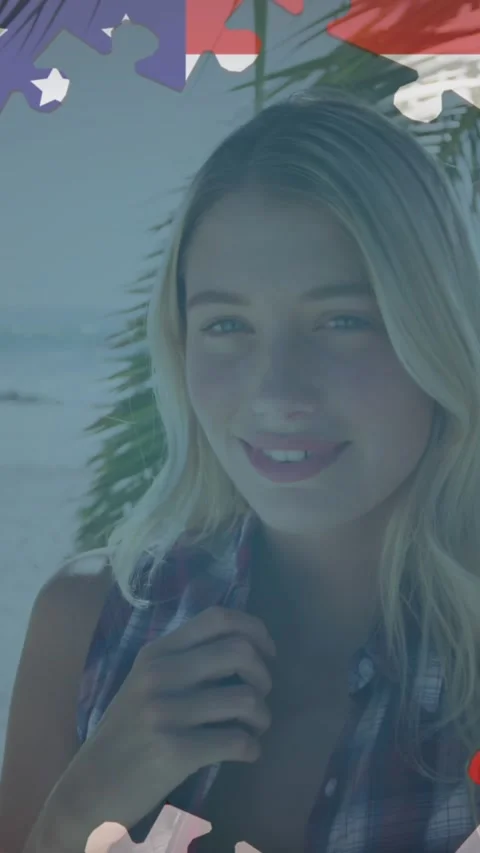 Animation of american flag jigsaw puzzles revealing smiling woman on beach Stock Footage 341658225