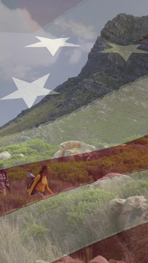 Animation of american flag moving over couple hiking Vídeo Stock 342097496