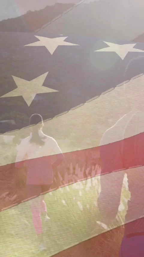 Animation of american flag moving over couple runnng on meadow Vídeo Stock 342136311