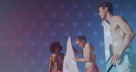 Animation of american flag pattern over friends with surfboards on beach Video stock 150851848