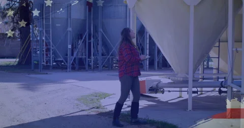 Animation of American flag waving over woman in the background Stock Footage