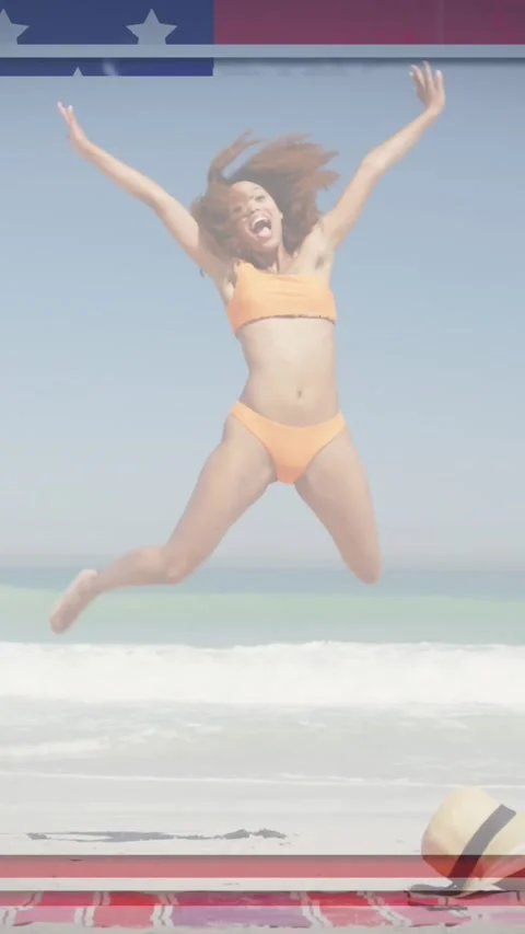 Animation of american flag waving over woman jumping on beach Stock Footage 342004140