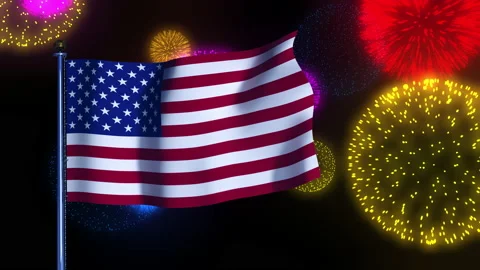 Animation of the American flag waving in the wind against the fireworks. Video stock 153148821