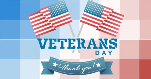 Animation of american flags and veterans day on red, white and blue pixels Stock Footage 328923619