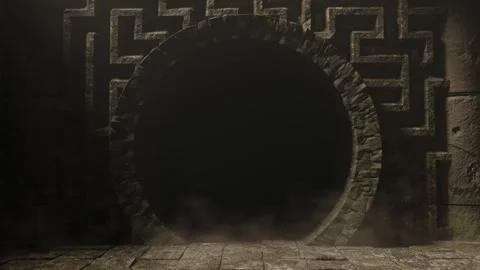 Animation of an ancient temple with maze wall and opening circular gate Stock Footage 343502777