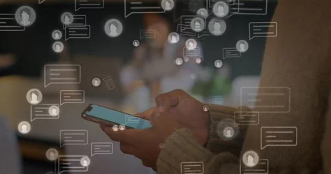 Animation of and message icons floating over mid section of a man using Stock Footage 329125558