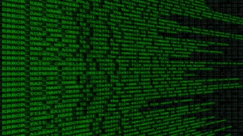 Animation of angled error data scrolling down, glitches &amp; sound effects at end Stock Footage 236512784